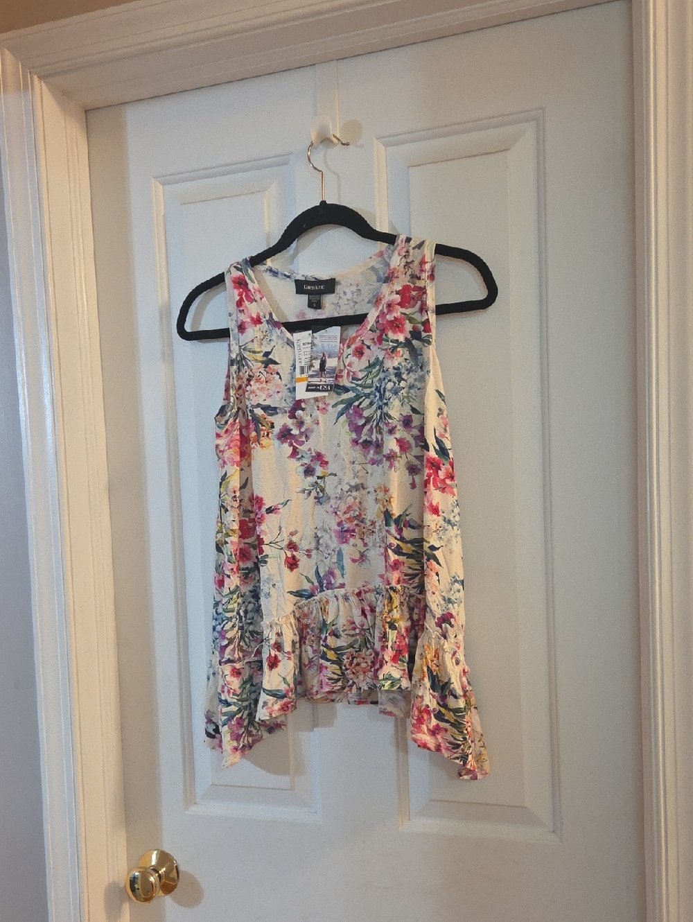 Karen Kane Cream Floral Peplum Tank with Pink & Green Print Small